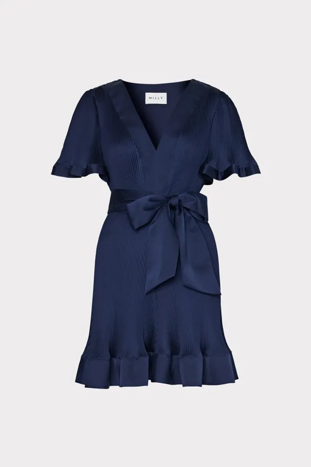 Milly Dresses Women Ellie Satin Pleated Mini Dress Navy