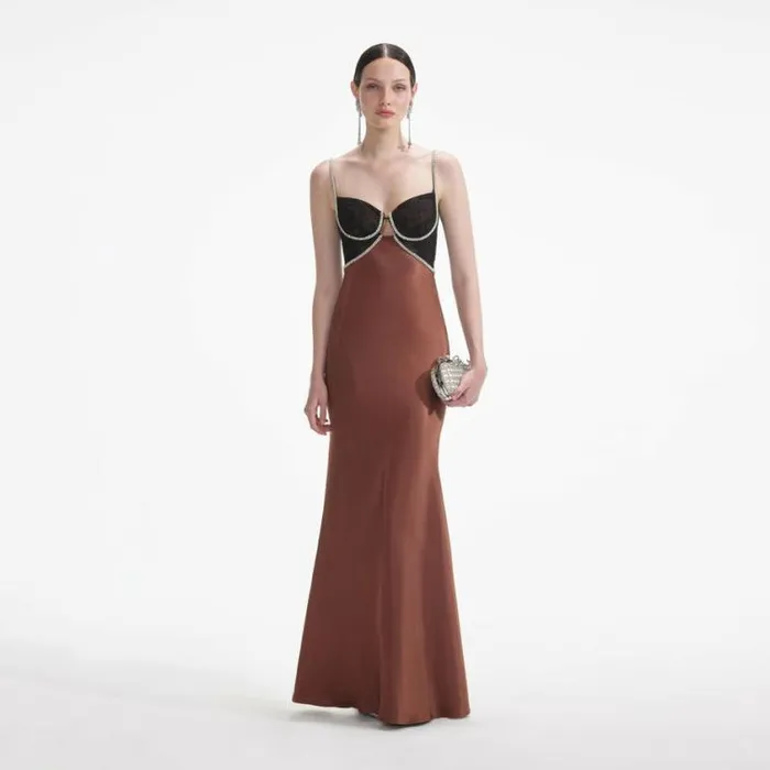 Self Portrait Dresses Brown Satin Diamante Maxi Dress 8211 Women