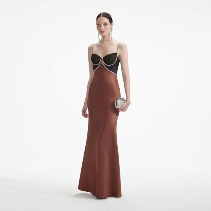 Self Portrait Dresses Brown Satin Diamante Maxi Dress 8211 Women