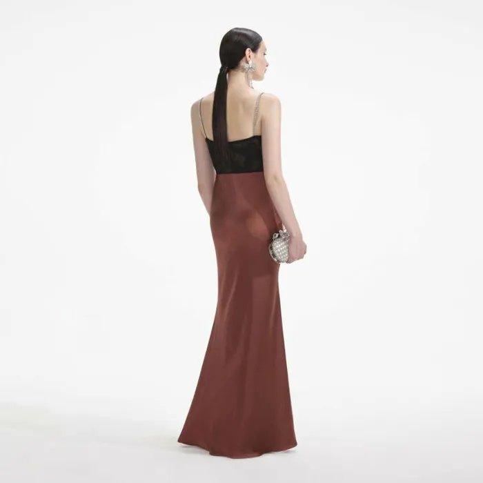 Self Portrait Dresses Brown Satin Diamante Maxi Dress 8211 Women