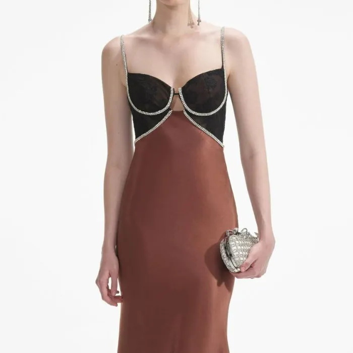 Self Portrait Dresses Brown Satin Diamante Maxi Dress 8211 Women