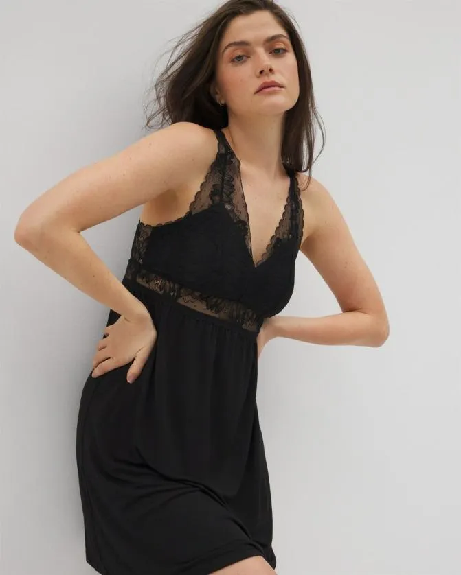 Women Soma Nightgowns Cool Nights Soft Support Lace Chemise Black