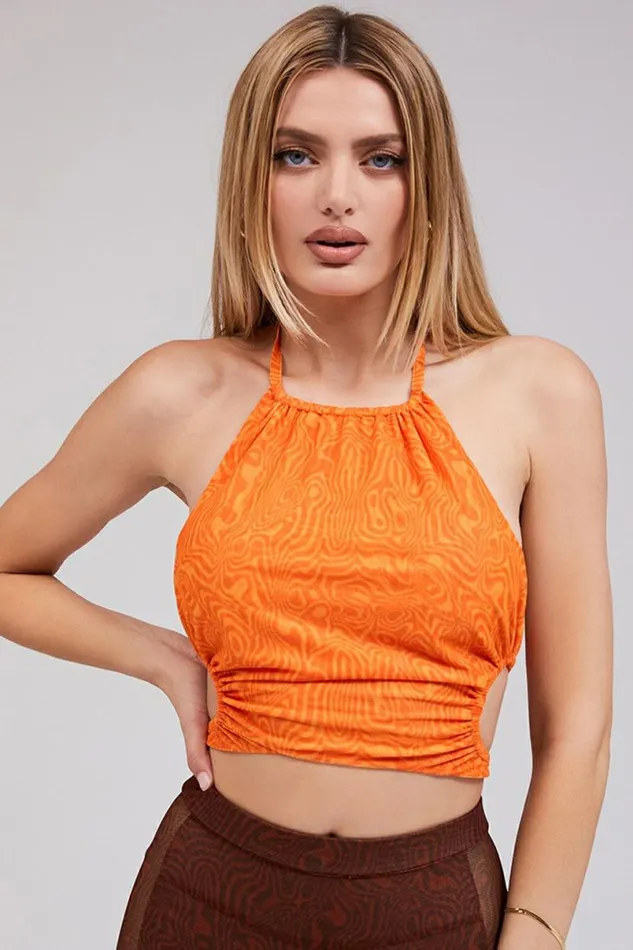 Women VACAY MODE MISTRESS ROCKS ORANGE HALTER NECK CROP TOP House Of CB Tops
