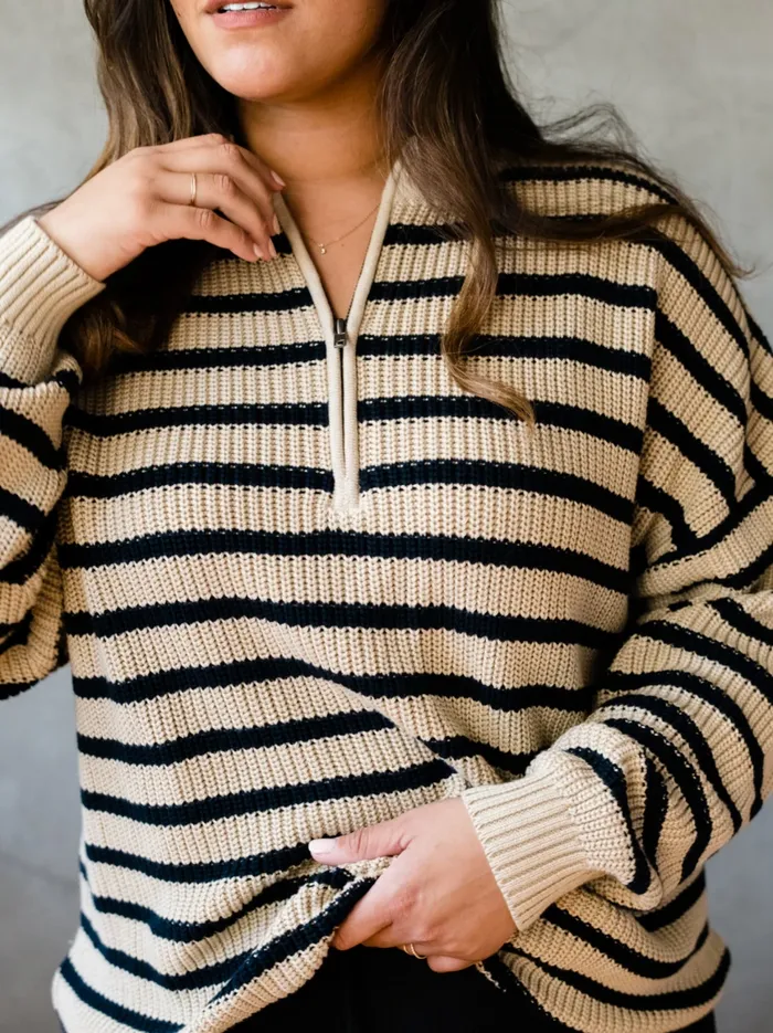 Able Sweaters Women Liz Half Zip Pullover Sweater Oat MilkBlack Stripe