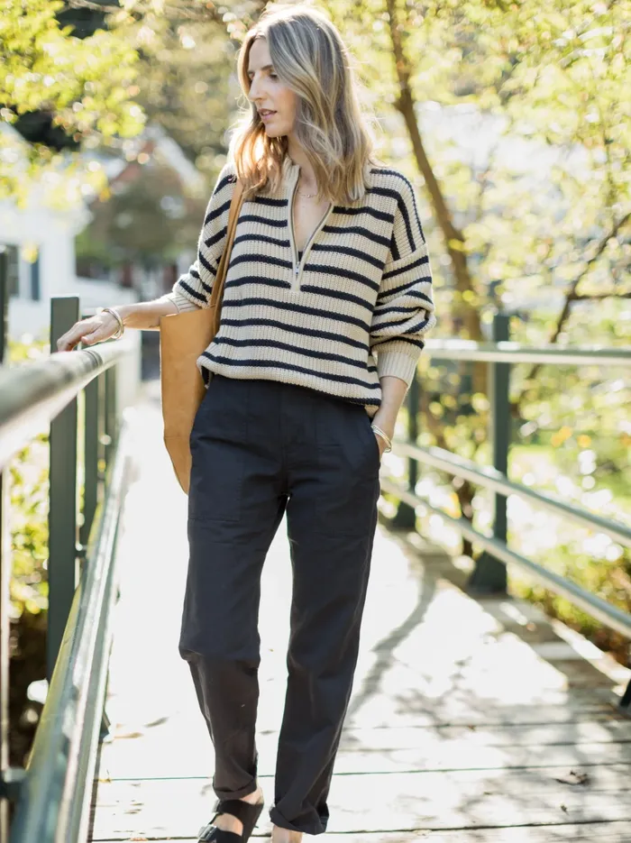 Able Sweaters Women Liz Half Zip Pullover Sweater Oat MilkBlack Stripe