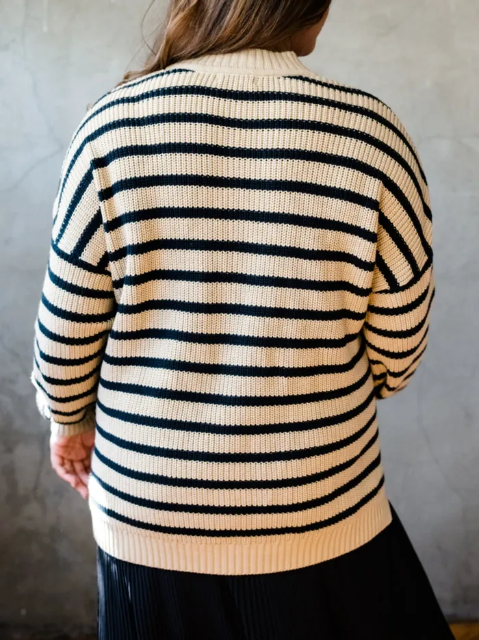 Able Sweaters Women Liz Half Zip Pullover Sweater Oat MilkBlack Stripe
