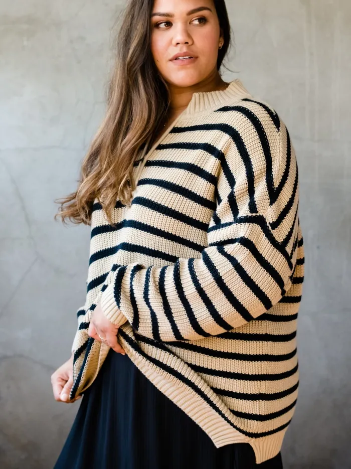 Able Sweaters Women Liz Half Zip Pullover Sweater Oat MilkBlack Stripe