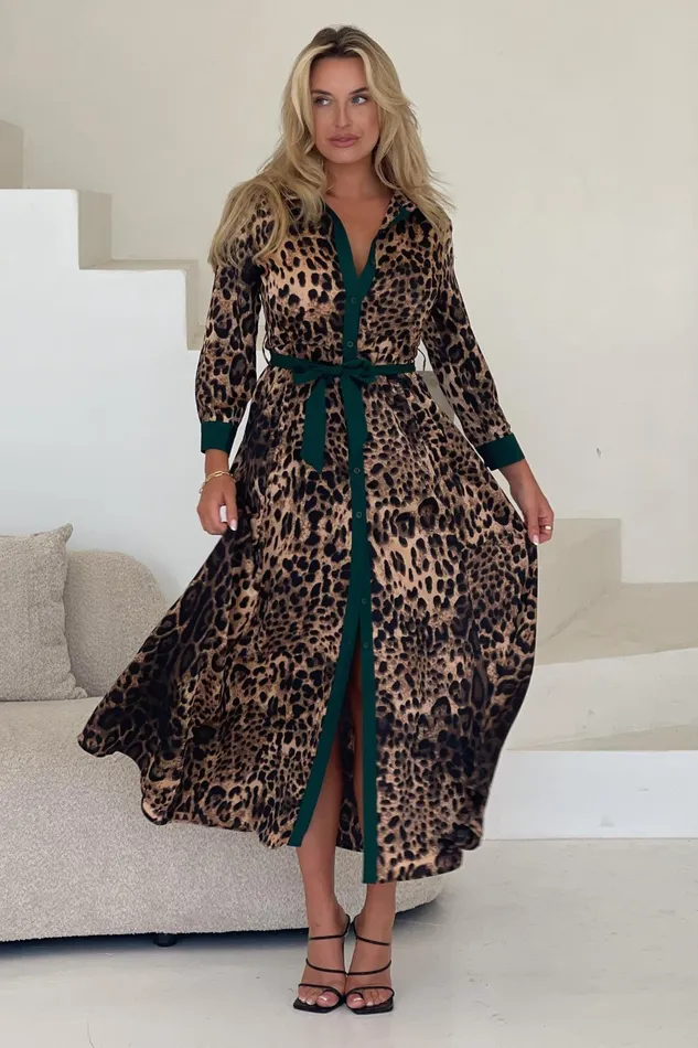 Angela Leopard Print Green Shirt Maxi Dress Women Girl In Mind Maxi Dresses