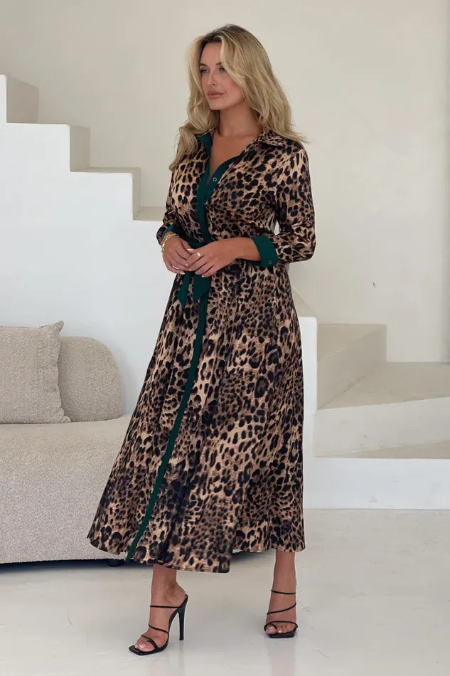 Angela Leopard Print Green Shirt Maxi Dress Women Girl In Mind Maxi Dresses