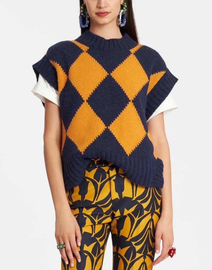 Argyle Gilet Navy and Yellow Women La Double J Knitwear