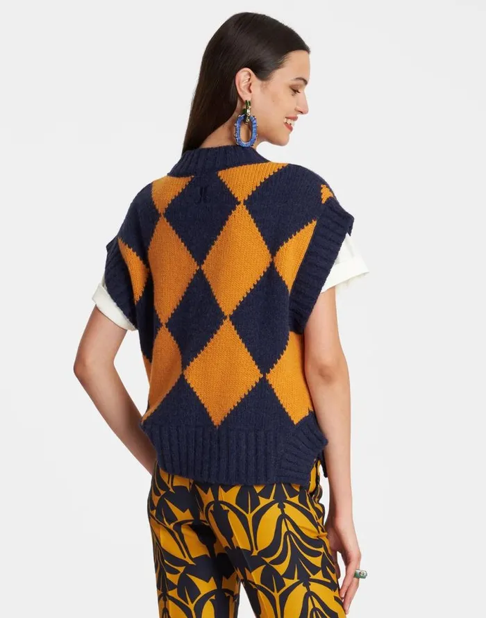 Argyle Gilet Navy and Yellow Women La Double J Knitwear Argyle Gilet Navy and Yellow Women La Double J Knitwear