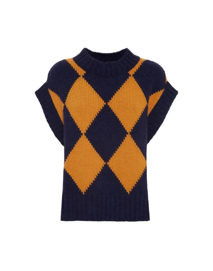 Argyle Gilet Navy and Yellow Women La Double J Knitwear Argyle Gilet Navy and Yellow Women La Double J Knitwear