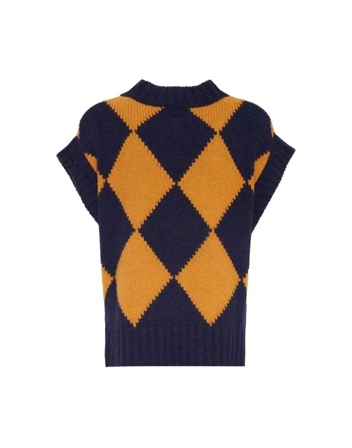 Argyle Gilet Navy and Yellow Women La Double J Knitwear Argyle Gilet Navy and Yellow Women La Double J Knitwear