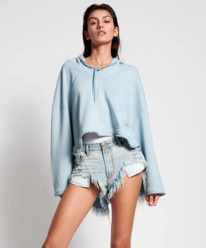 ASH BLUE CROPPED HOODY Women One Teaspoon Hoodies And Sweats