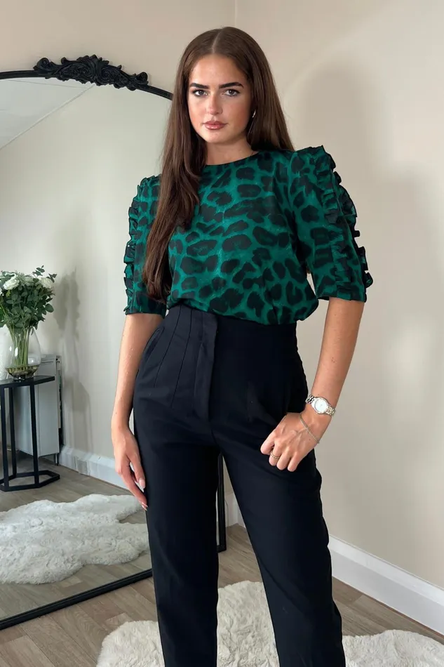 Asher Green Animal Frill Sleeve Top Women Girl In Mind Tops and Bodysuits