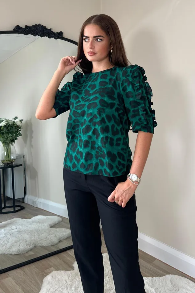 Asher Green Animal Frill Sleeve Top Women Girl In Mind Tops and Bodysuits
