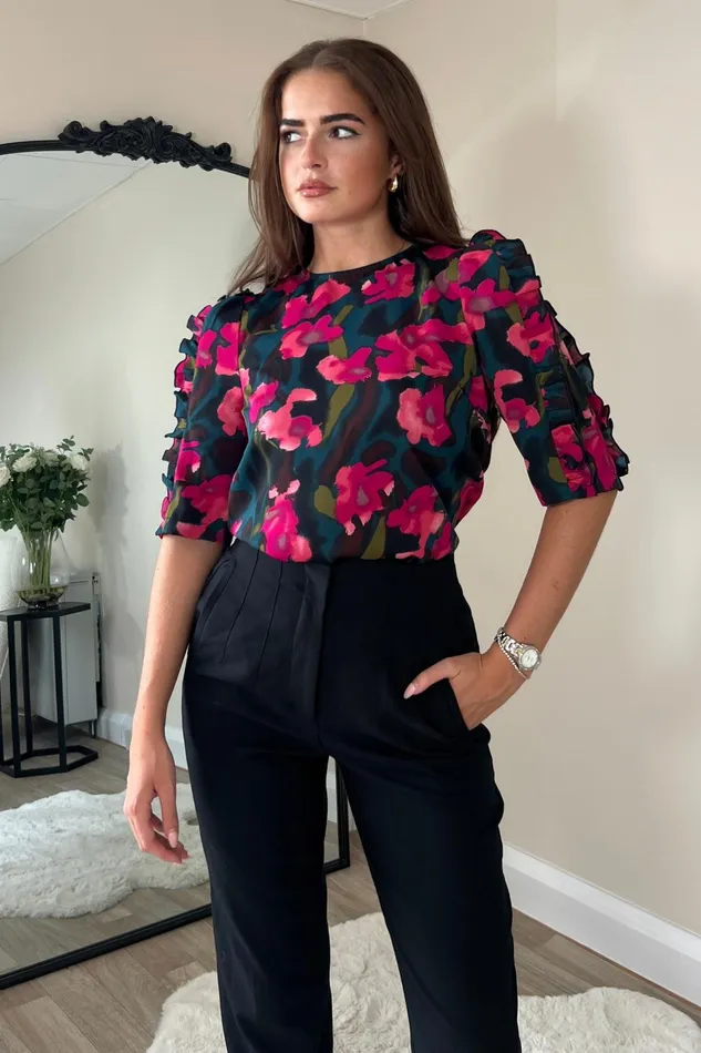 Asher Pink Floral Frill Sleeve Top Women Girl In Mind Tops and Bodysuits