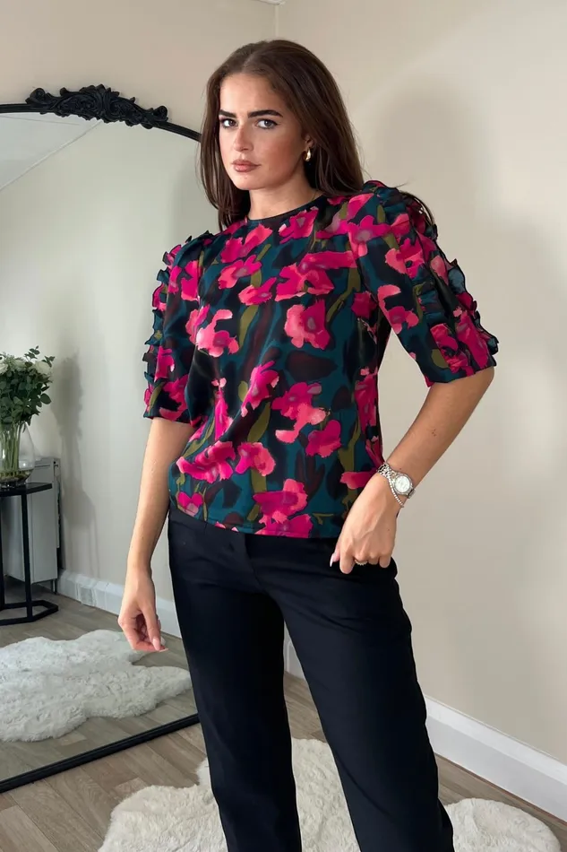 Asher Pink Floral Frill Sleeve Top Women Girl In Mind Tops and Bodysuits