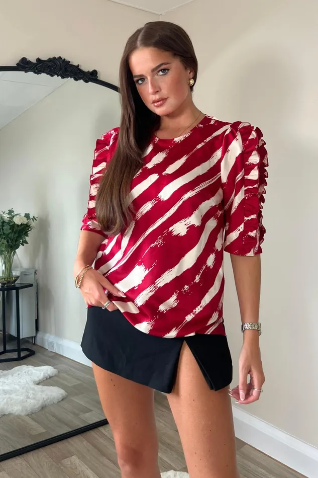 Asher Wine Frill Sleeve Top Women Girl In Mind Tops and Bodysuits