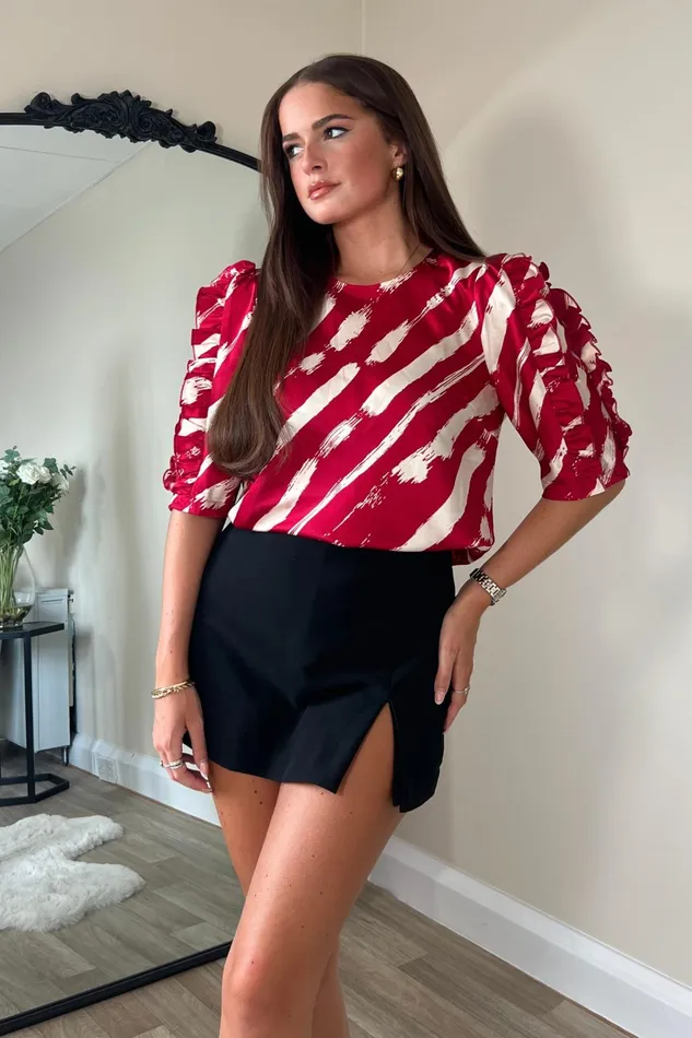 Asher Wine Frill Sleeve Top Women Girl In Mind Tops and Bodysuits