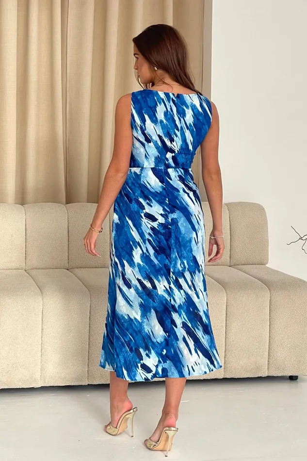 Bay Boat Neck Keyhole Detail Midi Dress Blue Burnout Women Girl In Mind Midi Dresses