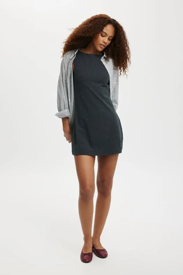 Bella Boat Neck Mini Dress Charcoal Marle Women Cotton On Dresses
