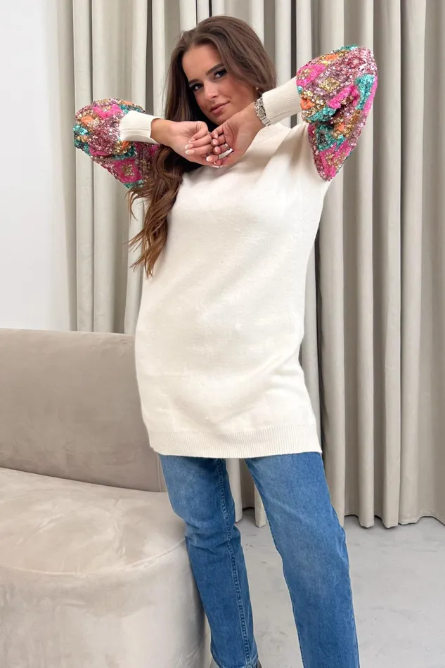 Bethany Sequin Knitted Jumper Dress Cream Women Girl In Mind Knitwear