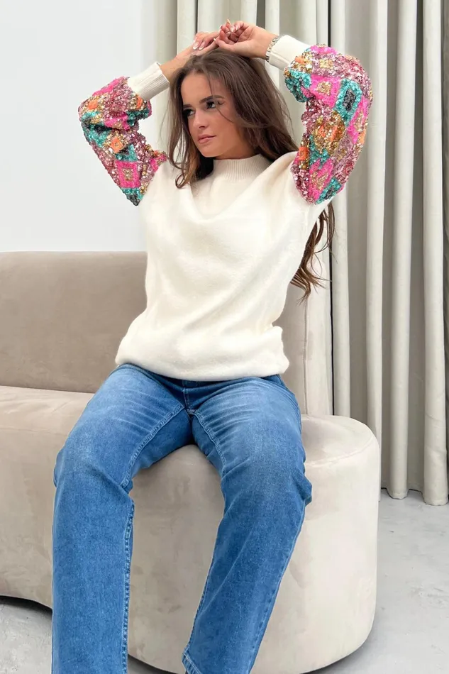 Bethany Sequin Knitted Jumper Dress Cream Women Girl In Mind Knitwear