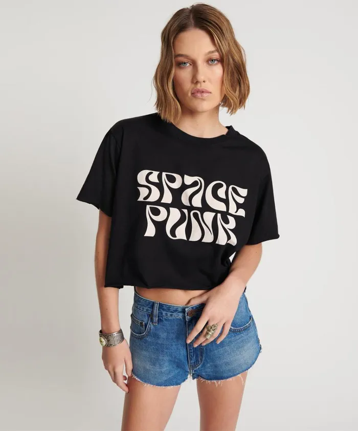 BLACK CROPPED SPACE PUNK TEE Women One Teaspoon Tees and Tanks