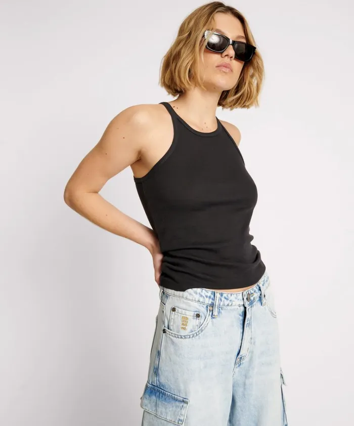 BLACK ONE TEASPOON FINE RIB SINGLET Women One Teaspoon Tees and Tanks BLACK ONE TEASPOON FINE RIB SINGLET Women One Teaspoon Tees and Tanks
