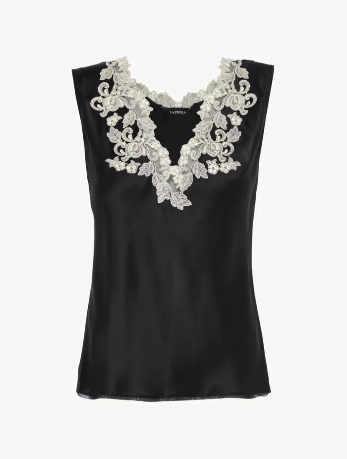 Black Silk Satin Top With Frastaglio Sleepwear La Perla Camisoles
