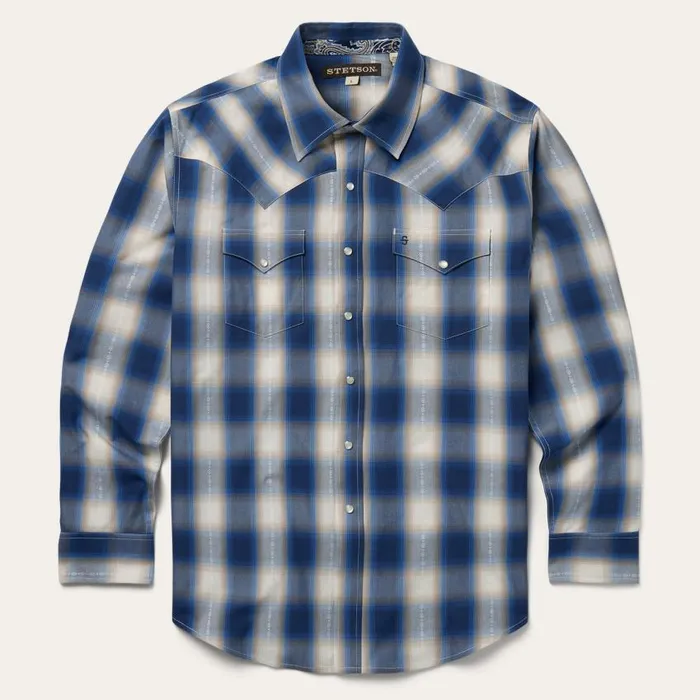 Blue Ombre Plaid Western Shirt Blue Men Stetson Western Shirts