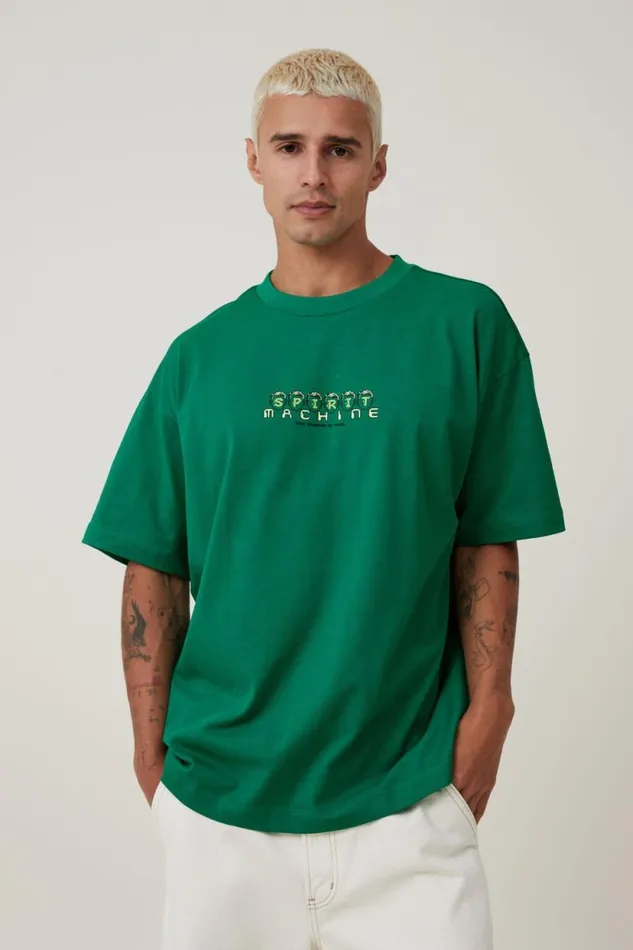 Box Fit Graphic TShirt Shock Green Spirit Machine Men Cotton On Tees and Tanks