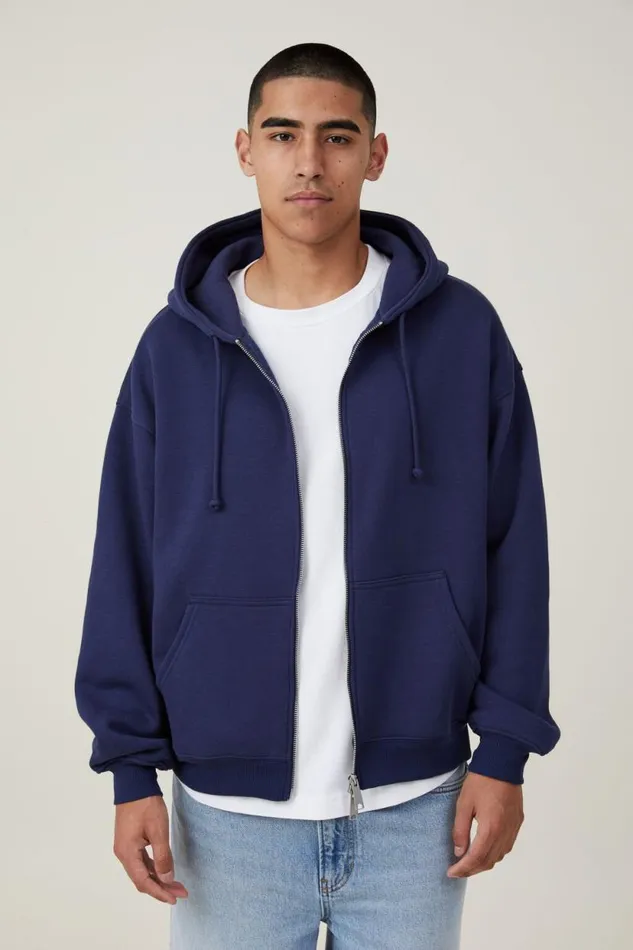 Box Fit Zip Up Hoodie Indigo Two Way Zip Men Cotton On Sweats and Hoodies