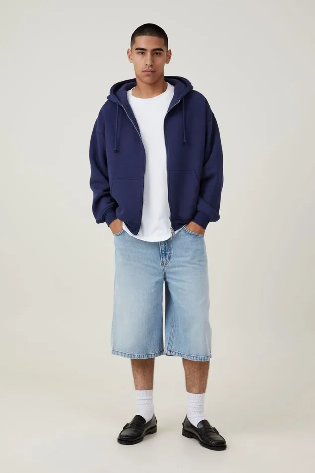 Box Fit Zip Up Hoodie Indigo Two Way Zip Men Cotton On Sweats and Hoodies