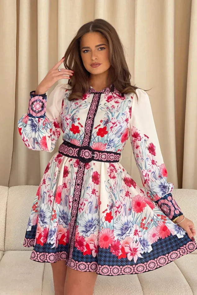 Brady Contrast Placket Floral Shirt Mini Dress Women Girl In Mind CoOrds