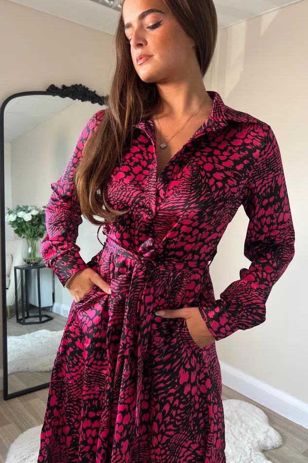 Brielle Long Sleeve Shirt Dress Pink Animal Print Women Girl In Mind Shirt Dresses