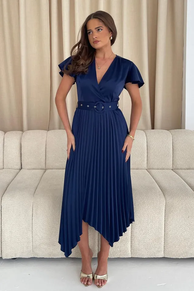 Brooklyn Asymmetric Pleated Skirt Belted Midi Dress Navy Women Girl In Mind Midi Dresses