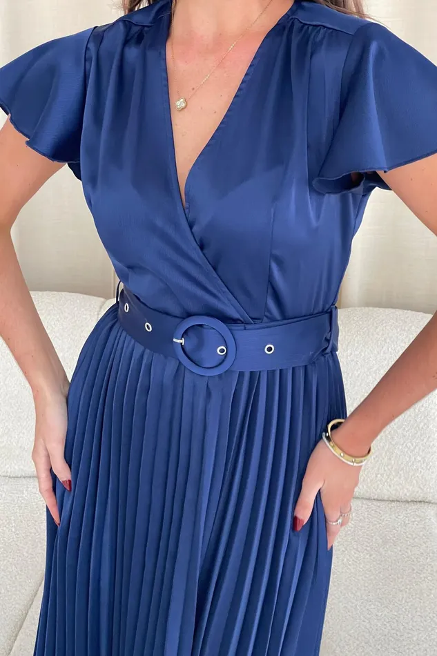 Brooklyn Asymmetric Pleated Skirt Belted Midi Dress Navy Women Girl In Mind Midi Dresses