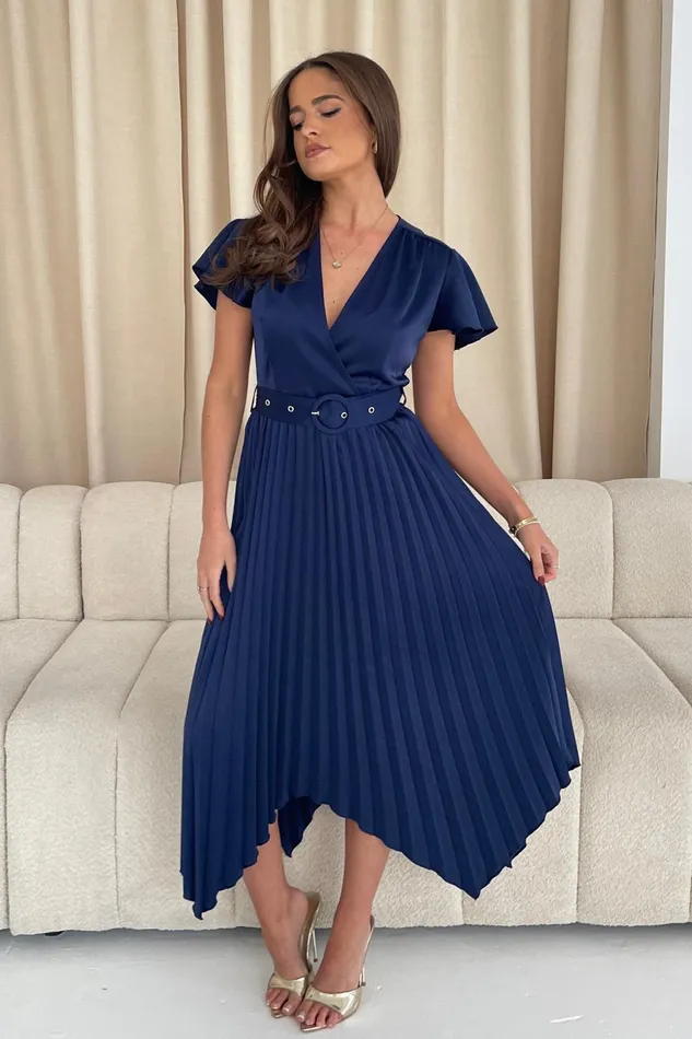 Brooklyn Asymmetric Pleated Skirt Belted Midi Dress Navy Women Girl In Mind Midi Dresses