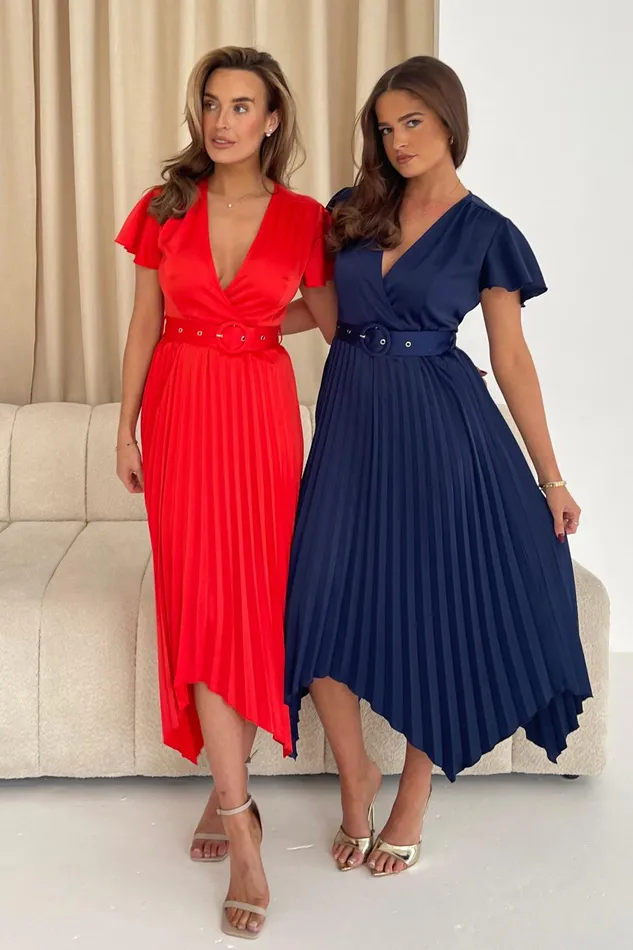 Brooklyn Asymmetric Pleated Skirt Belted Midi Dress Navy Women Girl In Mind Midi Dresses