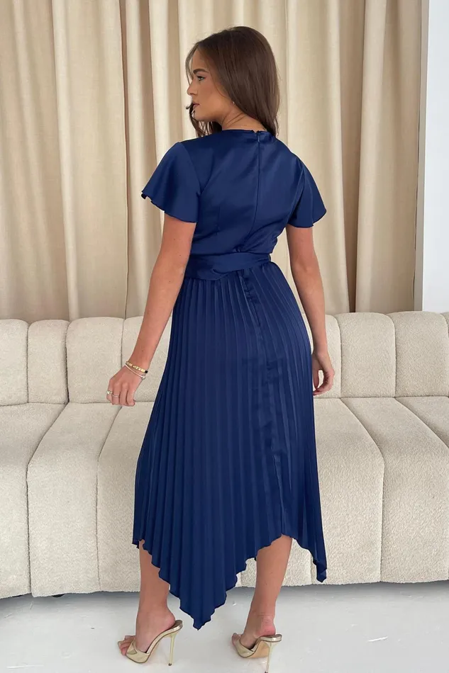 Brooklyn Asymmetric Pleated Skirt Belted Midi Dress Navy Women Girl In Mind Midi Dresses