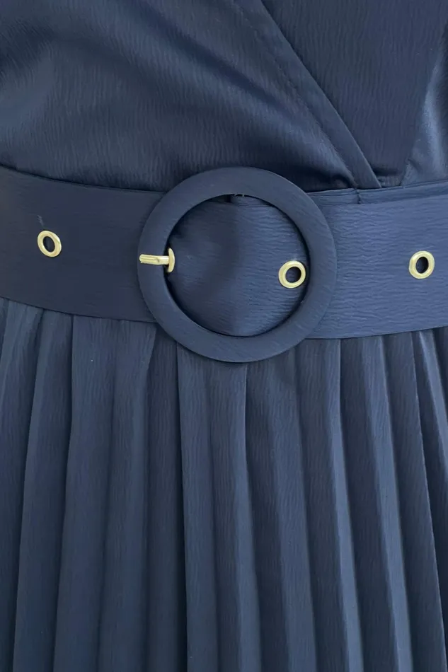 Brooklyn Asymmetric Pleated Skirt Belted Midi Dress Navy Women Girl In Mind Midi Dresses