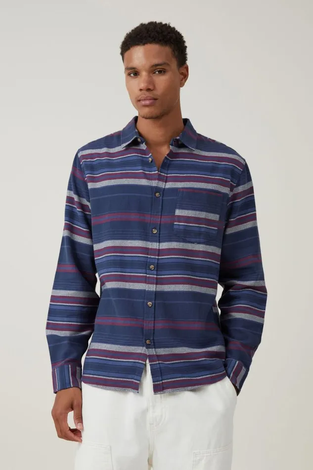 Camden Long Sleeve Shirt Navy Stripe Men Cotton On Shirts and Polos