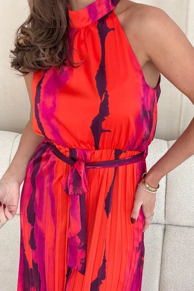 Carla Red Marble Pleated Midi Dress Women Girl In Mind Midi Dresses