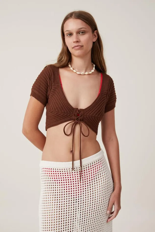 Carnival Tie Front Knit Carob Women Cotton On Sweaters and Cardigans