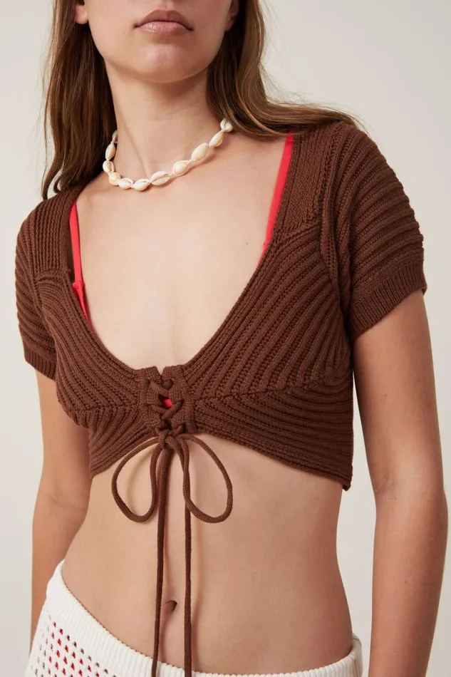 Carnival Tie Front Knit Carob Women Cotton On Sweaters and Cardigans