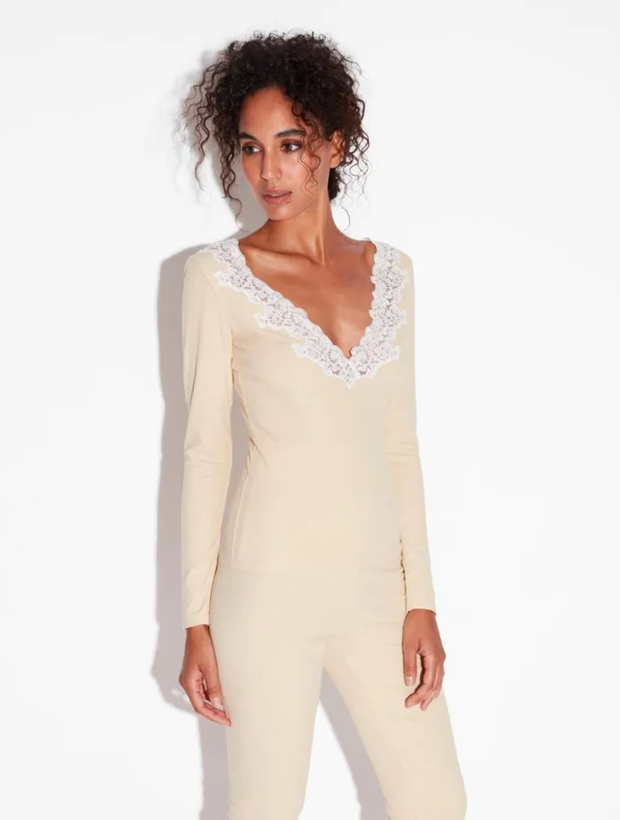 Cashmere Blend Ribbed Longsleeved Top In Halo With Frastaglio Sleepwear La Perla Camisoles