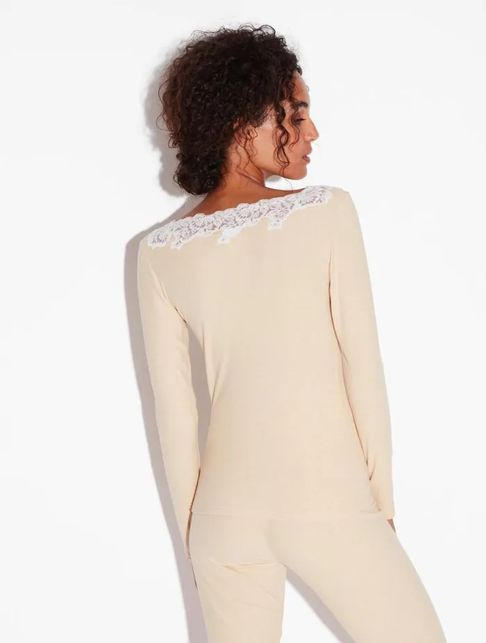 Cashmere Blend Ribbed Longsleeved Top In Halo With Frastaglio Sleepwear La Perla Camisoles