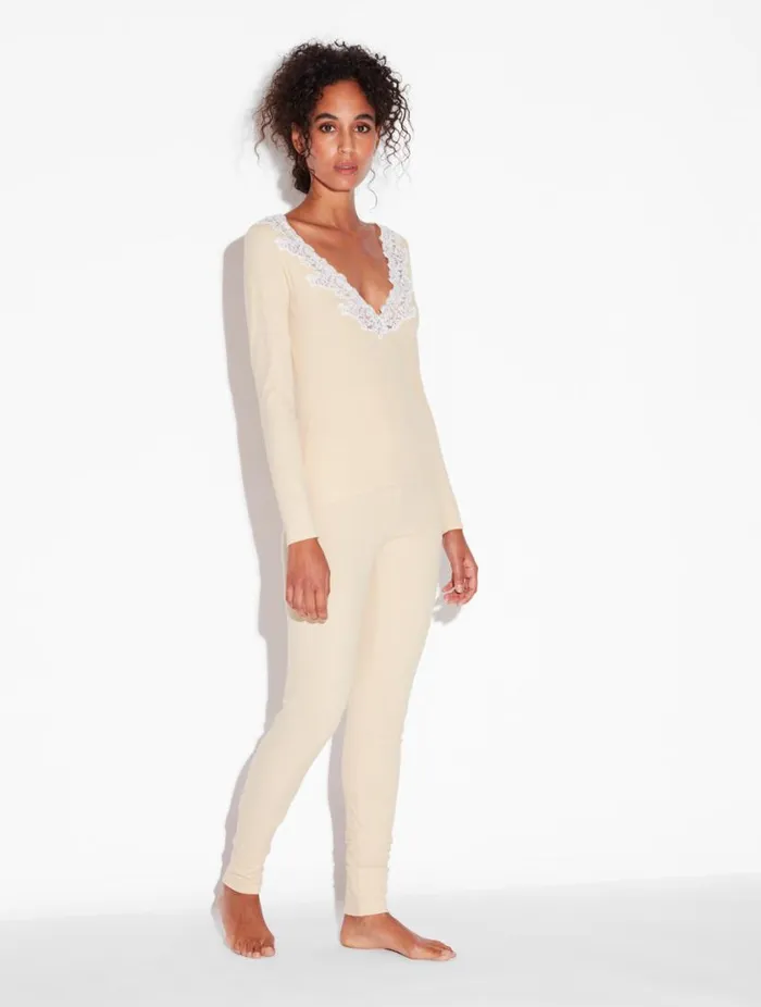 Cashmere Blend Ribbed Longsleeved Top In Halo With Frastaglio Sleepwear La Perla Camisoles
